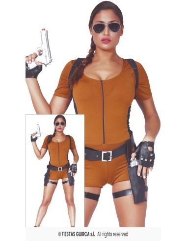 Costume Tomb Raider donna con tuta marrone pistole e occhiali da sole per feste a tema