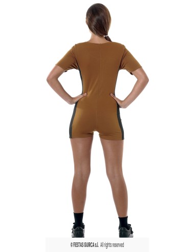 Costume Tomb Raider donna con tuta marrone pistole e occhiali da sole per feste a tema