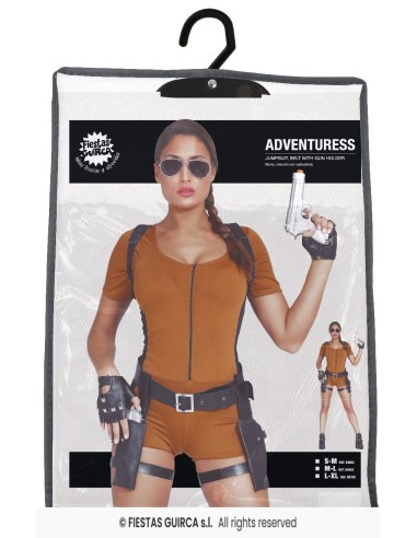 Costume Tomb Raider donna con tuta marrone pistole e occhiali da sole per feste a tema