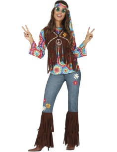 Costume hippie donna anni 70 con gilet frange marroni, camicia floreale e jeans decorati per feste a tema 2