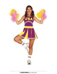 Costume cheerleader viola e giallo con pompon per donna, divisa sportiva americana completa