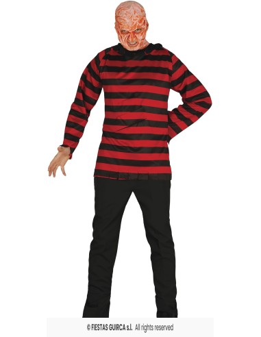 Maglia a righe rosse e nere Freddy Krueger con maschera horror per costume Halloween uomo