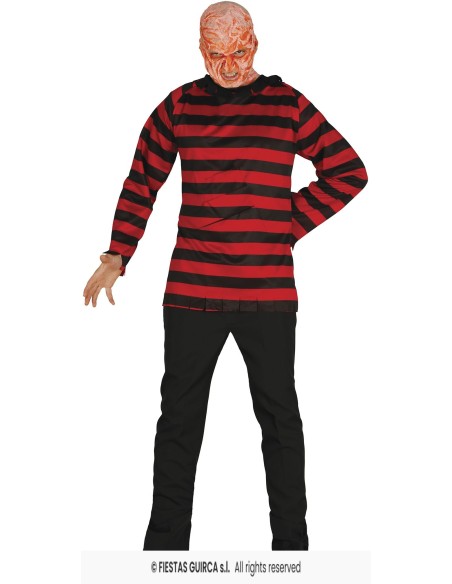 Maglia a righe rosse e nere Freddy Krueger con maschera horror per costume Halloween uomo