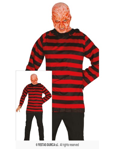 Maglia a righe rosse e nere Freddy Krueger con maschera horror per costume Halloween uomo