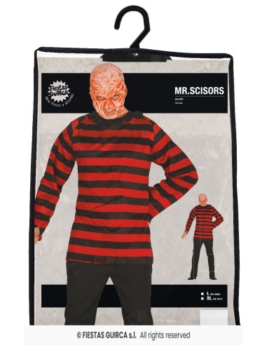 Maglia a righe rosse e nere Freddy Krueger con maschera horror per costume Halloween uomo