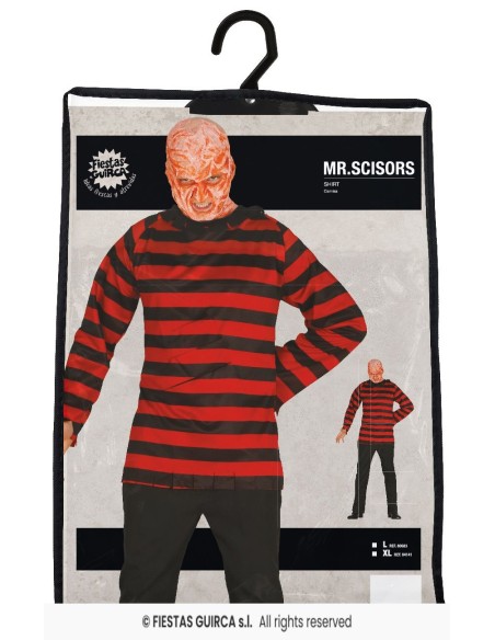 Maglia a righe rosse e nere Freddy Krueger con maschera horror per costume Halloween uomo