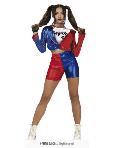 Costume Harley Quinn donna con giacca bicolore rosso blu e shorts per Halloween cosplay