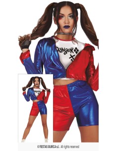 Costume Harley Quinn donna con giacca bicolore rosso blu e shorts per Halloween cosplay 2