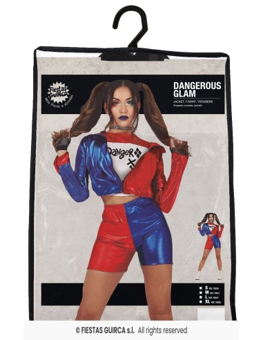 Costume Harley Quinn donna con giacca bicolore rosso blu e shorts per Halloween cosplay