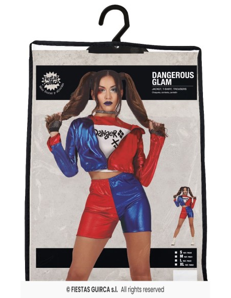 Costume Harley Quinn donna con giacca bicolore rosso blu e shorts per Halloween cosplay
