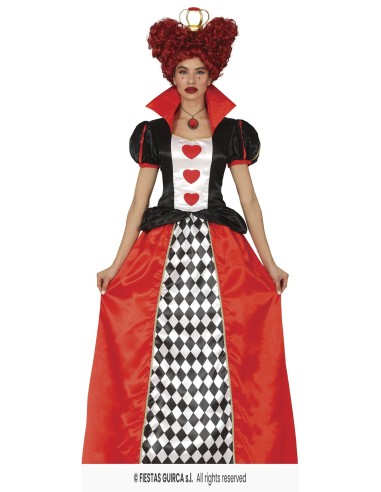Costume Regina di Cuori donna con corpetto nero, gonna lunga rossa e motivo scacchiera per Carnevale