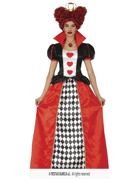 Costume Regina di Cuori donna con corpetto nero, gonna lunga rossa e motivo scacchiera per Carnevale