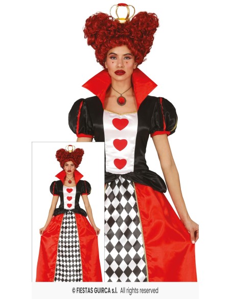 Costume Regina di Cuori donna con corpetto nero, gonna lunga rossa e motivo scacchiera per Carnevale