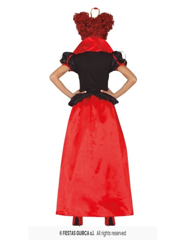 Costume Regina di Cuori donna con corpetto nero, gonna lunga rossa e motivo scacchiera per Carnevale