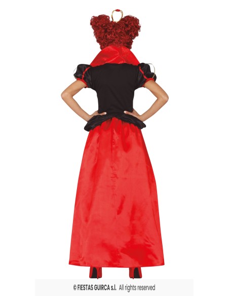 Costume Regina di Cuori donna con corpetto nero, gonna lunga rossa e motivo scacchiera per Carnevale