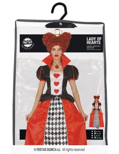 Costume Regina di Cuori donna con corpetto nero, gonna lunga rossa e motivo scacchiera per Carnevale