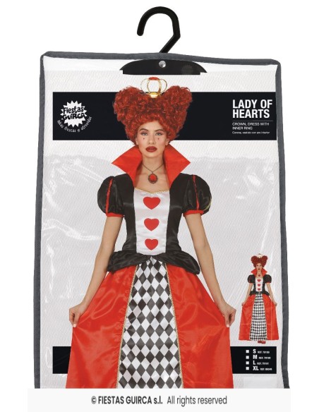 Costume Regina di Cuori donna con corpetto nero, gonna lunga rossa e motivo scacchiera per Carnevale