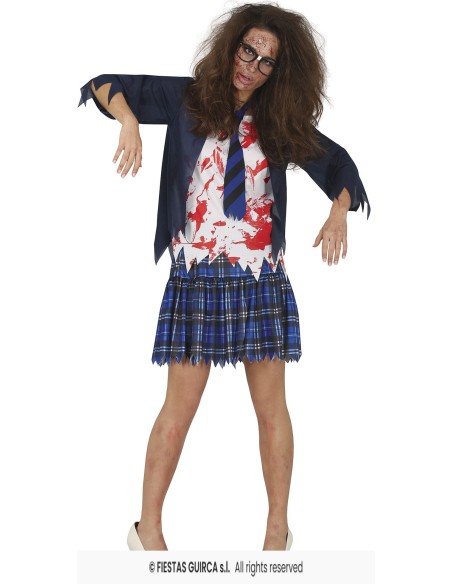Costume liceale zombie donna con giacca blu, camicia insanguinata e gonna a quadri per Halloween horror
