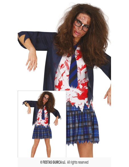Costume liceale zombie donna con giacca blu, camicia insanguinata e gonna a quadri per Halloween horror
