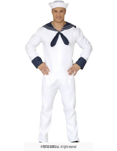 Costume marinaio bianco con berretto e colletto blu per feste a tema marine e Carnevale
