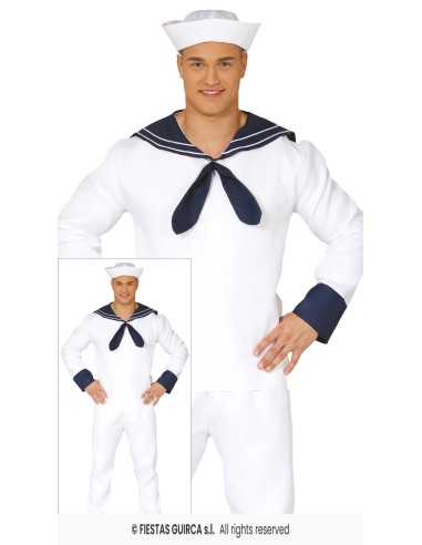 Costume marinaio bianco con berretto e colletto blu per feste a tema marine e Carnevale