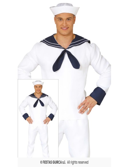 Costume marinaio bianco con berretto e colletto blu per feste a tema marine e Carnevale