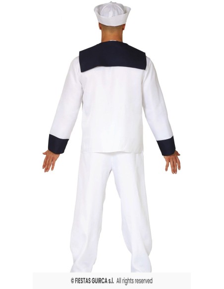 Costume marinaio bianco con berretto e colletto blu per feste a tema marine e Carnevale