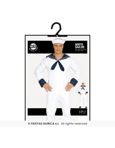 Costume marinaio bianco con berretto e colletto blu per feste a tema marine e Carnevale