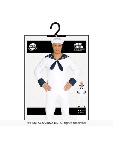 Costume marinaio bianco con berretto e colletto blu per feste a tema marine e Carnevale