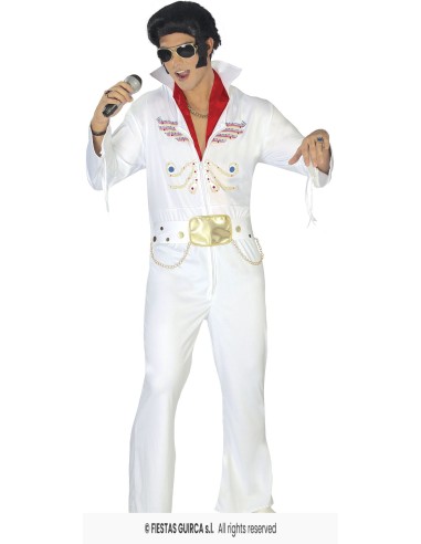 Costume Elvis Presley bianco con jumpsuit decorazioni oro e cintura per feste a tema