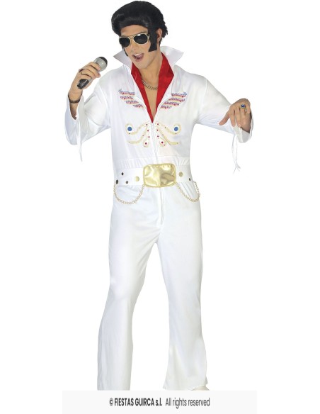Costume Elvis Presley bianco con jumpsuit decorazioni oro e cintura per feste a tema