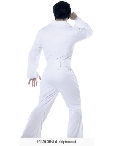 Costume Elvis Presley bianco con jumpsuit decorazioni oro e cintura per feste a tema