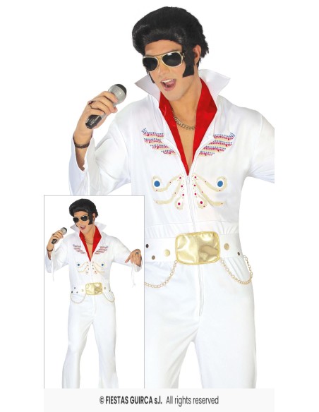 Costume Elvis Presley bianco con jumpsuit decorazioni oro e cintura per feste a tema