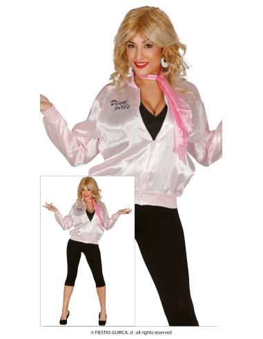 Giacca Pink Lady anni 50 rosa satinata con logo ricamato per costume vintage donna