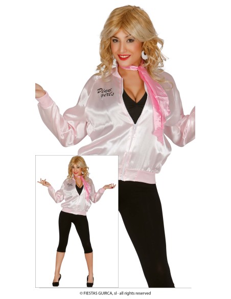 Giacca Pink Lady anni 50 rosa satinata con logo ricamato per costume vintage donna