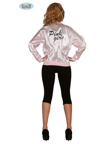 Giacca Pink Lady anni 50 rosa satinata con logo ricamato per costume vintage donna
