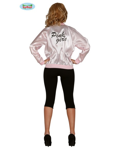 Giacca Pink Lady anni 50 rosa satinata con logo ricamato per costume vintage donna