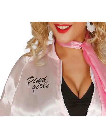 Giacca Pink Lady anni 50 rosa satinata con logo ricamato per costume vintage donna