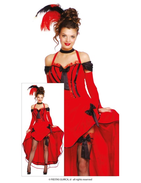 Costume ballerina Can Can rosso con corsetto nero, gonnella asimmetrica e piuma rossa per Carnevale donna