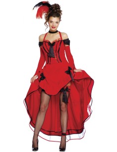 Costume ballerina Can Can rosso con corsetto nero, gonnella asimmetrica e piuma rossa per Carnevale donna 2