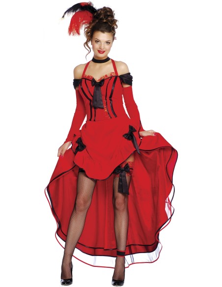 Costume ballerina Can Can rosso con corsetto nero, gonnella asimmetrica e piuma rossa per Carnevale donna