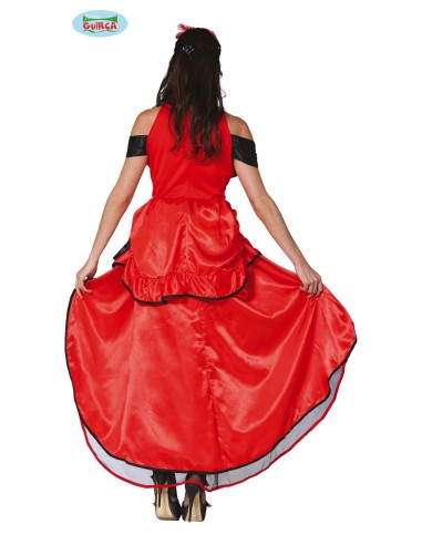 Costume ballerina Can Can rosso con corsetto nero, gonnella asimmetrica e piuma rossa per Carnevale donna