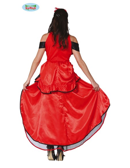 Costume ballerina Can Can rosso con corsetto nero, gonnella asimmetrica e piuma rossa per Carnevale donna