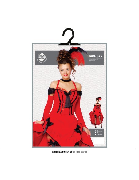 Costume ballerina Can Can rosso con corsetto nero, gonnella asimmetrica e piuma rossa per Carnevale donna