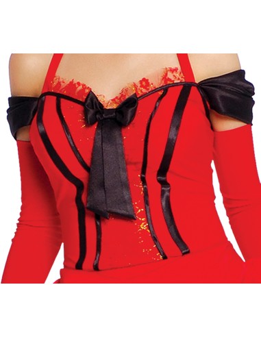 Costume ballerina Can Can rosso con corsetto nero, gonnella asimmetrica e piuma rossa per Carnevale donna