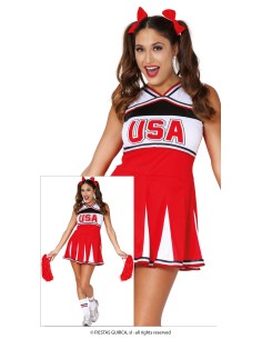 Costume cheerleader USA rosso bianco con gonna plissettata e pom pom per donna