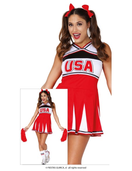 Costume cheerleader USA rosso bianco con gonna plissettata e pom pom per donna