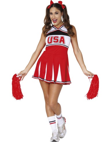 Costume cheerleader USA rosso bianco con gonna plissettata e pom pom per donna
