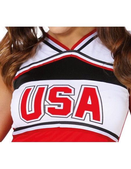 Costume cheerleader USA rosso bianco con gonna plissettata e pom pom per donna