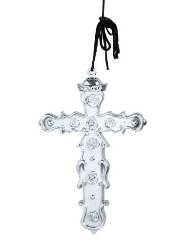 Uomo con croce argento 15 cm in PVC e costume da prete nero con colletto bianco per teatro